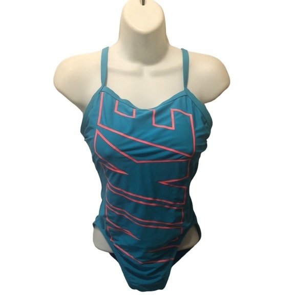 Nike Sport Swim Tank 1PC Swimsuit Sz 8 Sky Blue Pink Spell~Out Logo Racerback - Picture 1 of 8